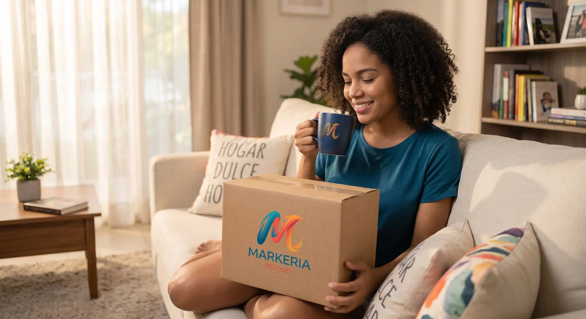 cliente en su salaen un mueble abriendo los paquetes de nuestra tienda MarkeriaRD.com